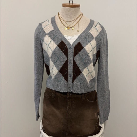 American Eagle Outfitters Blue and Brown Argyle Cardigan - Picture 1 of 3
